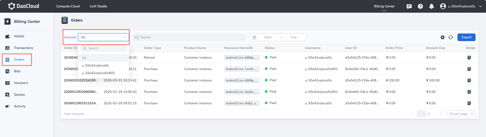 Primary account orders