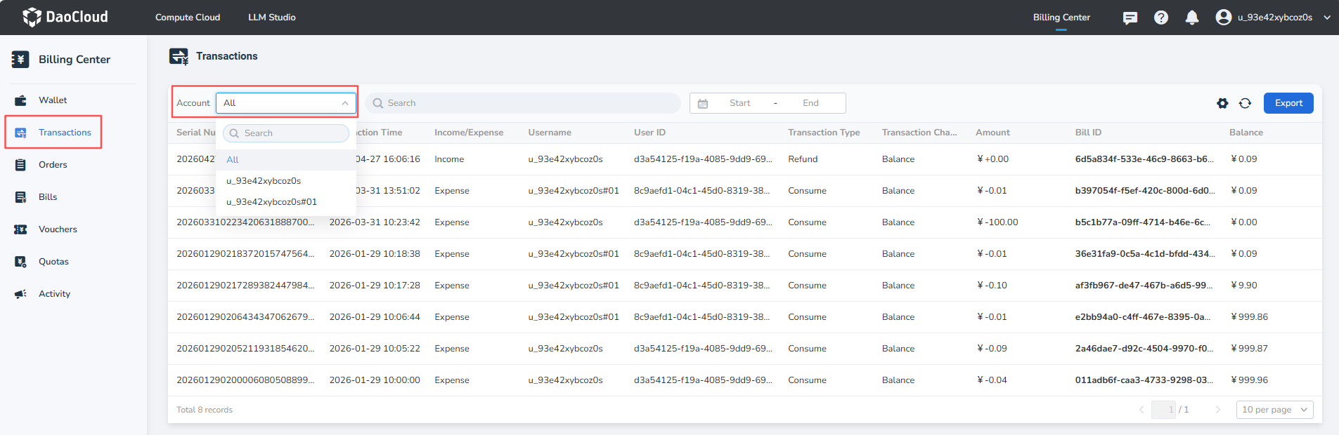 Primary account transactions
